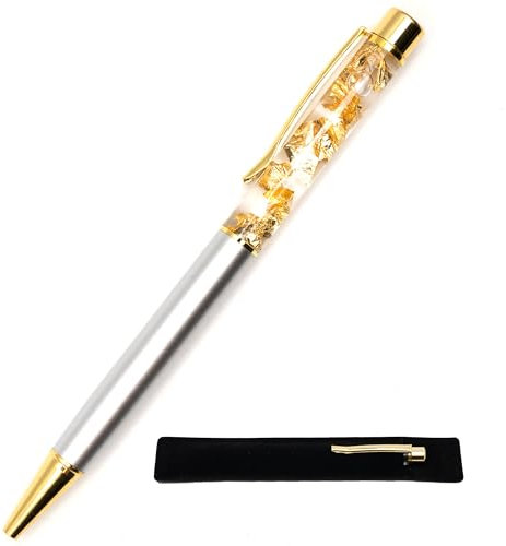 Kugelschreiber mit Blattgold, silberfarben, mit Samtetui, originelles und schickes Geschenk, echte schwebende Goldfolie, schwarze Tinte, Druckkugelschreiber