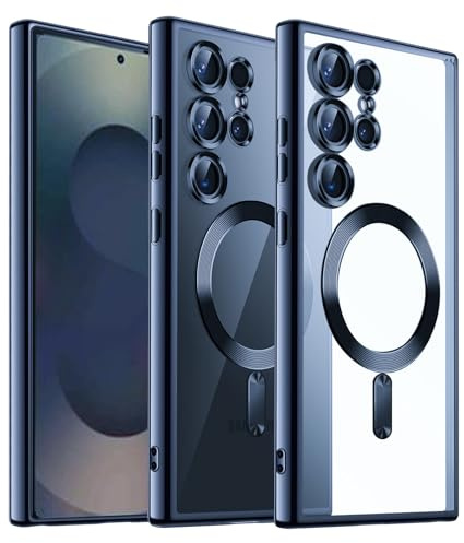 AFENGBOX Official Titanium Case for Samsung Galaxy S25 Ultra,[Compatible with MagSafe][Full Camera Cover Protection] Metallic Glossy Magnetic Slim Luxury Phone Case for Galaxy S 25 Ultra,Clear Blue