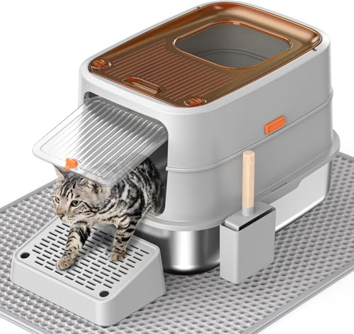 HTii-ë Katzentoilette aus Edelstahl, extra große Box für Katzen, geschlossene Metall-Kitty-Katzentoilette mit Streuschaufel, geruchs-urin-fest, Nicht klebrig, leicht abzuspülen (Grau)