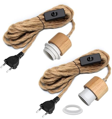 2 Pezzi Kit Cavo a Corda per Lampadario, 500 CM Cavo, Legno di Noci Portalampada E27 Corda con Spina, Lampadario Corda Canapa, Lampada Sospensione, Vintage Vento Industriale, Adatto Interni