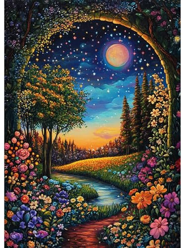 Bowetile 5D DIY Diamond Painting Mond, Blumen-Diamond-Art-Malerei-Sets für Erwachsene, Komplette Strassbilder Landschafts-Bilder mit Strasssteinen für Anfänger, Wanddekoration für Zuhause30x40cm