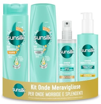 Sunsilk, Kit Onde Meravigliose, Set Capelli Mossi, con Shampoo 250ml, Balsamo Capelli 200ml, Crema Styling 200ml e Sea Salt Spray 150ml, Effetto Anticrespo, per Onde Morbide e Splendenti*