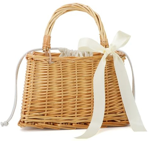 BWBIKE Sac de Plage en Rotin Naturel pour Femmes - Sac à main Fourre-tout en Osier Tissé à la Main, Sac à Bandoulière Panier en Paille Boho pour l’été, les Voyages et le Shopping