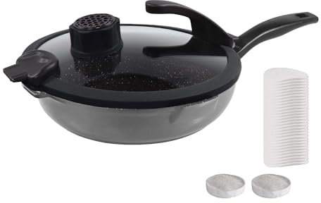 STONELINE Future Aluguss Pfanne hoher Rand 24 cm Schmorpfanne mit Deckel Geruchsfilter kleinste Dunstabzugshaube, Pfanne Antihaftbeschichtet mit echten Steinpartikeln, Alle Herdarten Induktion