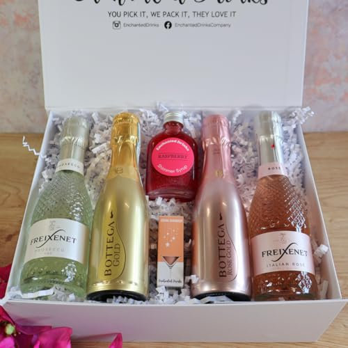 Luxury Prosecco Gift Set – 4 Mini Bottles + Raspberry Shimmer Syrup + Rose Gold Drink Shimmer – Bottega Gold, Freixenet, Rosé Selection – Birthday, Celebration or Thank You Hamper – Enchanted Drinks