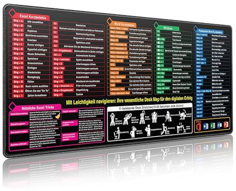 SKIKHN Mauspad XXL,900 x 400mm Excel Shortcuts Mousepad Deutsch,Schreibtischunterlage,Anti Rutsch Excel Schreibtischunterlage Deutsch,Groß Excels Mauspad Deutschs für Büro und Zuhause Bürozubehör
