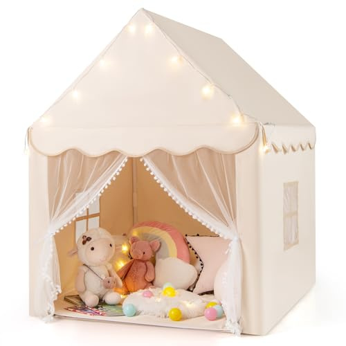 COSTWAY Carpa para Niños con Colchoneta Lavable, Luces con Forma de Estrella, Ventanas, Cremalleras Inferiores, Carpa Castillo de Hadas para Interior y Exterior para Niños (Beige,Luz de Amarillo)