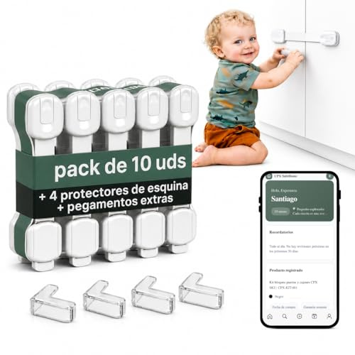 CPX Cierre Seguridad Cajones Bebé 10 Uds con Adhesivo 3M, Seguro Puertas y Armarios Niños sin Taladrar, Bloqueo Ajustable para Frigorífico y WC + 4 Protectores Esquina + 4 Adhesivos Extra