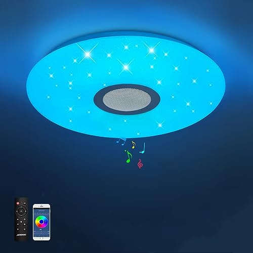 JDONG Bluetooth Deckenleuchte LED mit Lautsprecher, Fernbedienung und App | Steuerung RGB Farbwechsel dimmbar Sterne für Schlafzimmer Kinderzimmer Badzimmerlampe 24W Ø 30CM