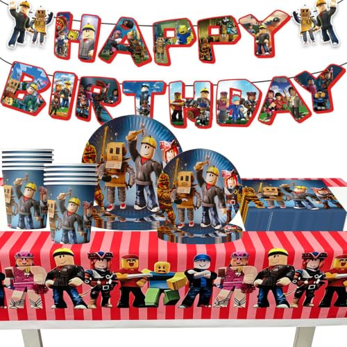 52 Stück Roblx Partygeschirr, Roblx Geburtstagsdeko, NlsqAMZ Party Deko, Tortendeko, Tischdeko, Party Geschirr Set, Tableware, Pappteller, für 10 Gäste
