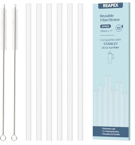 Lot de 6 pailles de rechange en plastique avec 2 brosses de nettoyage, réutilisables, longues, épaisses et transparentes pour gobelets Stanley, bouteilles d'eau, tasses, faciles à nettoyer, de qualité