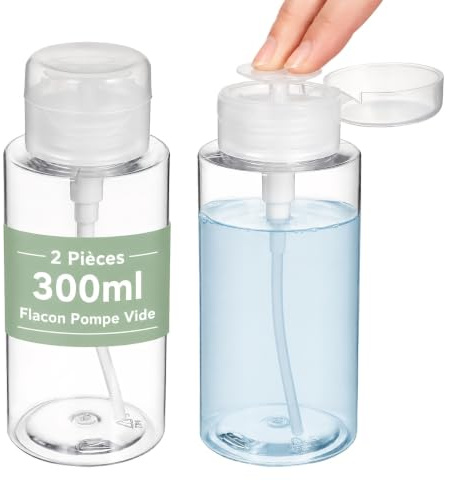 POPETPOP Lot de 2 Flacon Pompe Vide 300ml, Distributeur Transparent à Pression pour Eau Change Bébé, Dissolvant Vernis et Alcool
