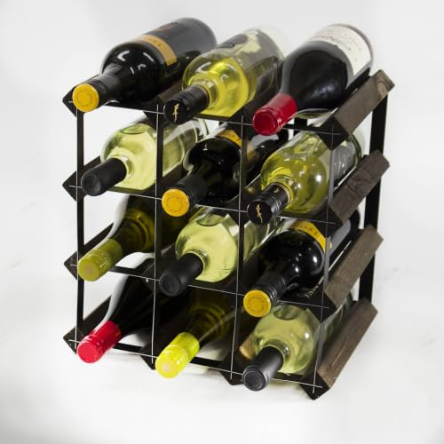 Classic 12 Bottle Dark Oak Stain wood/galvanised metal Wine Rack | Ready Assembled