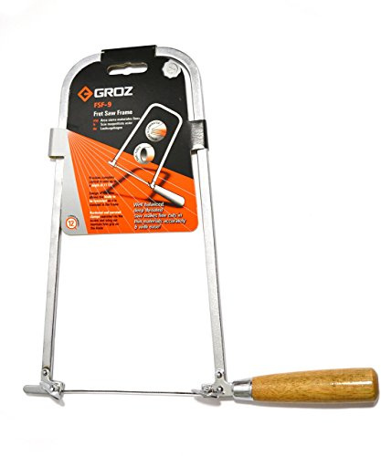 Groz Fret Saw Frame, 12 Inch / 300 mm Premium Chrome Plated Steel Bow with 11-3/8 Inch Throat Depth, Wooden Handle, Serrated Wing-Nut Blade Clamps, Includes Blade, FSF/9/CP (30222)