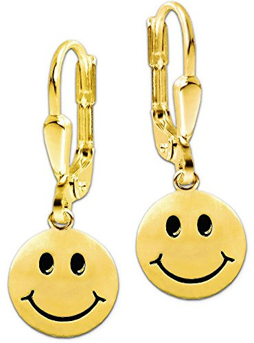 CLEVER SCHMUCK Vergoldete Damen Ohrhänger Smiley Ø 12 mm matt mit Augen Mund schwarz 925 Sterling Silber gold-plattiert im Schmucketui