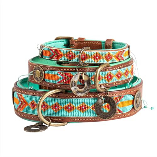 Dog with a Mission - Hundehalsband XL | Farbenfroh Türkis, Orange mit Perlen | Boho, Ethno, Ibiza, Hippie | Extra große Hunde | Handgemacht | Modisch und Bunt | Aus weichem Echtes Leder | 4 cm Breit