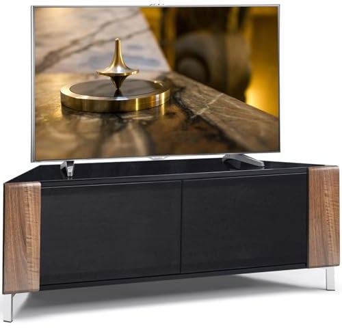 MDA Designs Corvus Meuble d'angle contemporain avec profilés en noyer Noir brillant Portes en verre Compatible avec les téléviseurs à écran plat jusqu'à 50