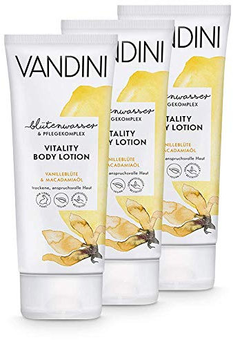VANDINI Vitality Body Lotion Damen mit Vanilleblüte & Macadamiaöl - Body Lotion für trockene & anspruchsvolle Haut - vegane Body Lotion für Frauen ohne Silikone, Parabene & Mineralöl (3x 200 ml)
