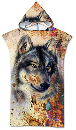 Strand Poncho Kapuze Tier 3D, Badeponcho Mikrofaser Strandtücher Bade Bademantel Schwimmen Surfing Sport Handtuch Badetuch Duschtücher Handtücher Für Damen Herren (Wolf#6)