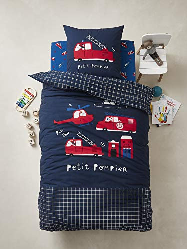 Vertbaudet Kinder Bettwäsche-Set „Kleiner Feuerwehrmann“ Nachtblau/kariert 140X200 - Kissen 50X75
