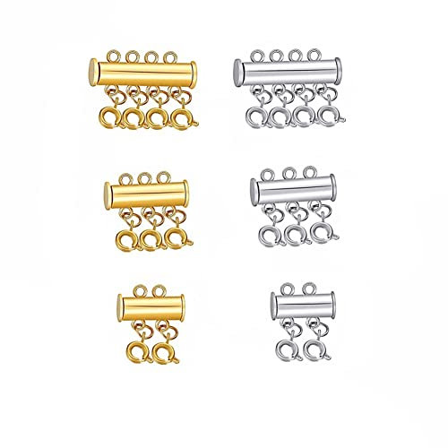 6PCS 3Size Clasp Lock Necklace Lock Jewelry Connector Multi-Strand Slide Tube Clasp for Layering Jewelry Necklaces and Bracelets Jewelry Connectors Handicraft Necklaces (Silver and Gold)