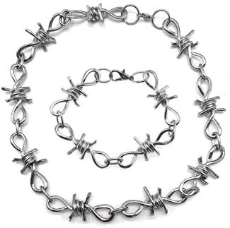 XIGAWAY 1 Pc Silver Novel Gothic Alloy Barbed Wire Necklace Bracelet Unisex Jewelry Set