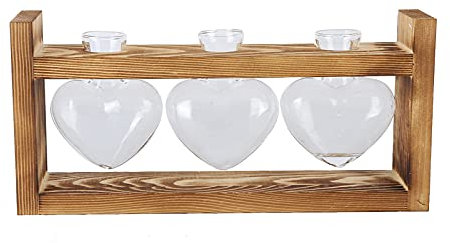Bottiglia di Vetro a Forma di Cuore, Vaso di Fiori Innovativo con Cornice in Legno Vintage Vaso da Tavolo Trasparente Decorazione per la Casa(Cornice vintage + bottiglia 3 cuori)