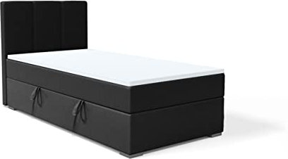 FEDVE Boxspringbett 90x200 Schwarz Öko-Leder – Gandia Mini – Praktisches Bett mit Bettkasten Links – Gemütlich Kopfteil Bett mit Matratze – Einzelbett zum Schlafzimmer