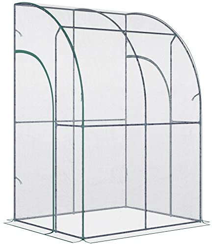 Outsunny Walk-In Greenhouse, Lean-to Small Greenhouse with Zipped Roll Up Doors, Plastic Cover and Sloping Top for Flowers, Vegetables and Herbs, 143cm x 118cm x 212cm, Clear