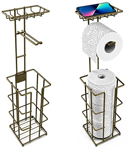 Vinsani Metal Freestanding Toilet Paper Roll Holder & Storage - 4 Tissue Paper Rolls with Multifunctional Storage Rack Minimalist Modern Style Rust Resistant for Toilet Bathroom – Bronze