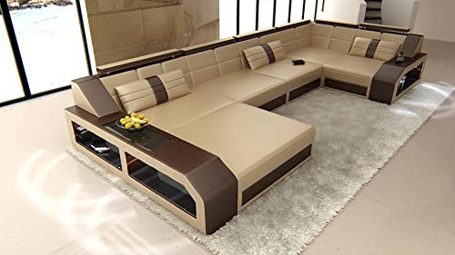 Sofa Wohnlandschaft Arezzo U Form Leder - mit LED Beleuchtung, verstellbare Kopfstützen, Recamiere/Lederfarben wählbar/Ausrichtung Ottomane wählbar (Ottomane Links, Sandbeige-Dunkelbraun)