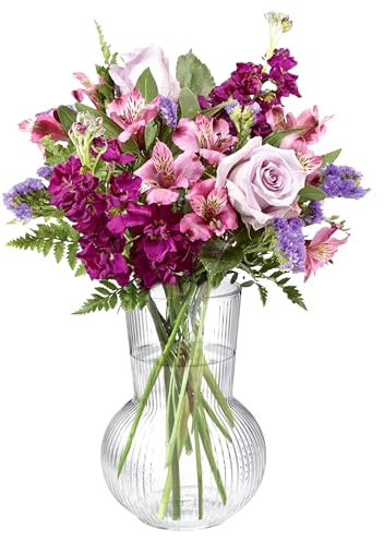 Jarrón de cristal acanalado Ledoir Essentials de 17 cm de alto, moderno jarrón de cristal transparente adecuado para decoración del hogar, interior, flores, jarrones, decoración, envuelto en regalo