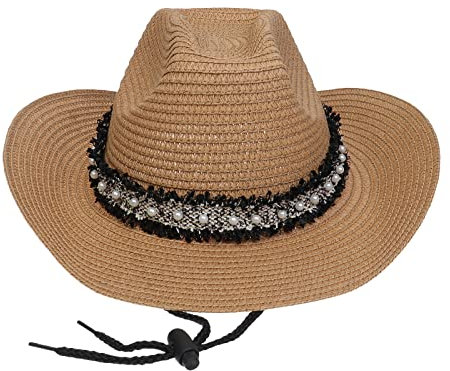 NiceYnn Sombrero de vaquero de paja de ala ancha con correa para la barbilla, traje unisex Trilby Panama Fedora Sun Cowgirl Gorros, gorra plegable UPF50+, #C Caqui, Taille unique