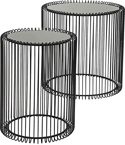 UK ONLINE DEALS Decor Glamour Set of 2 Round End Tables | Wired Cage Living Room & Coffee Table | Bedside Glass Mirrored Top Caged Side Indoor Furniture | Nest Besides Table (Black)