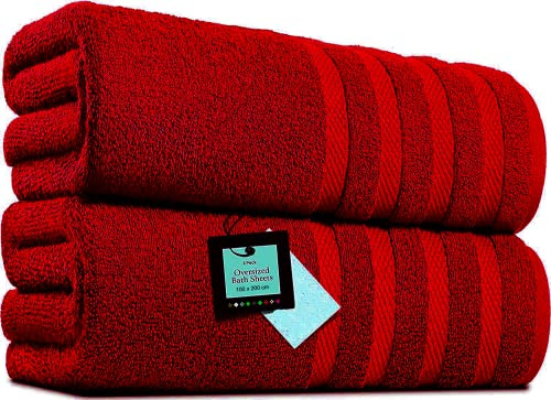 Pack of 2 Extra Large Bath Sheets (100 x 200 cm-600 GSM) Pure Egyptian Cotton Big Body Wrap Bath Sheet Towels for Bathroom,beach, Pool (Red, Cotton)