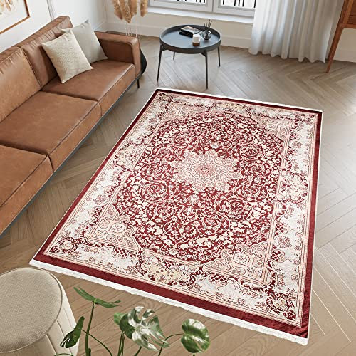 TAPISO Victoria Teppich Kurzflor rutschfest Waschbar Braun Creme Rot Ornament Bordüre Traditionell Fransenteppich Wohnzimmer Schlafzimmer ÖKOTEX 80 x 150 cm