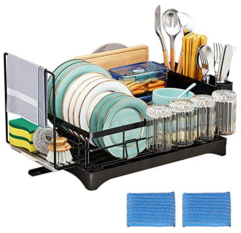 Aisny Escurreplatos, Escurridor De Platos Extensible Escurreplatos De Acero Inoxidable Soporte para Cubiertos Extraíble Y Soporte para Utensilios De Drenaje Giratorio, Estante para Platos para Cocina