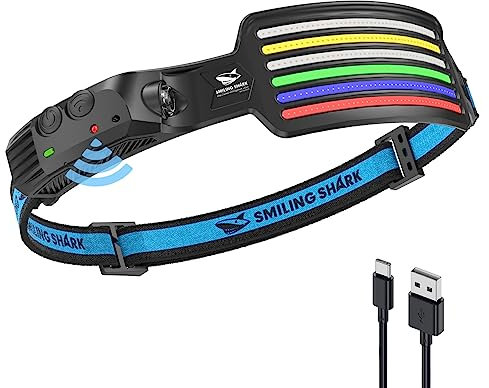 Smiling Shark Kopflampe Mit Weitwinkel 6*LED Weiß Rot Blau Grün Licht - Super Helle Wiederaufladbare Wasserdichte Stirnlampe für Camping Und Angeln