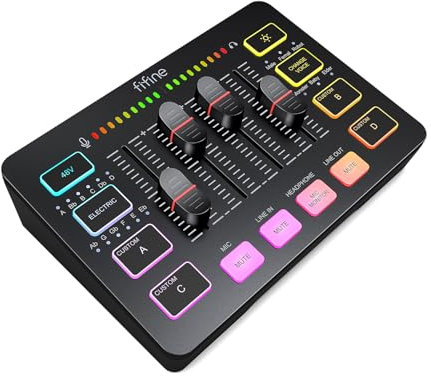 FIFINE Gaming PC Audio Mixer for Streaming, DJ Mixer with Volume Fader, XLR Microphone Interface, Channel Control, Mute, Sound Effect, 48V Phantom Power, Streamer Setup for Podcast Recording-SC3