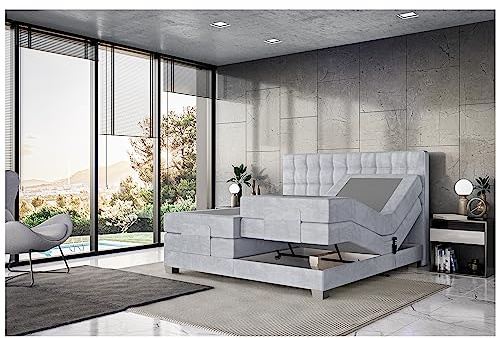 MEBLINI Boxspringbett Elektrisch Verstellbar - Gepolstert Doppelbett mit Matratzen und Toppers - Polsterbett - Bett mit Kopfteil - Edison - 140x200 - H3/Hellgrau Samt