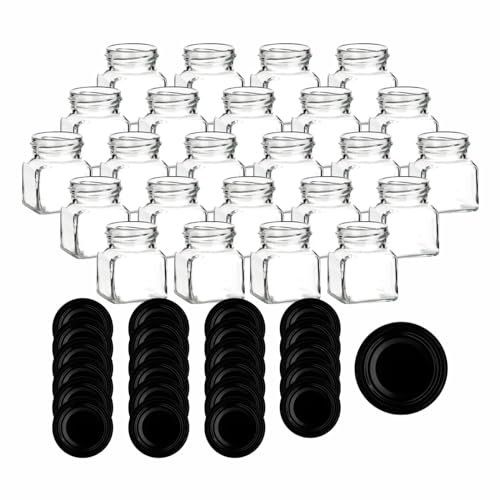 gouveo 24er Set Einmachgläser 120 ml eckig mit Schraubdeckel schwarz - Kleine Vorratsgläser mit Drehverschluss - Leere Marmeladengläser, Einkochgläser, Aufbewahrungsgläser (EGE120SZ)