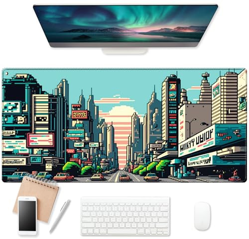 EkuaBot Pixel City Großes Gaming-Mauspad (90 x 40 cm, 3 mm dick), rutschfeste Gummiunterseite und verstärkte Schlosskanten, XXL-Mauspad für Arbeit, Spiel, Schreibtischmatte, Schreibtischdekoration