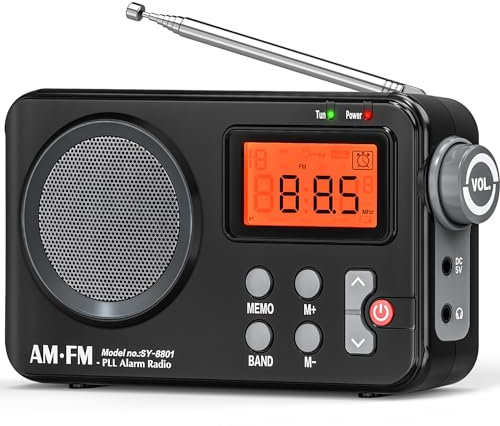 Tendak Radio Portatil Pequeña, Transistores Radio FM Am Sonido, con Pantalla Grande, Despertador, Temporizador y Almacenamiento de Estaciones manuales, Radio Pilas Pequeña Funciona - Negro