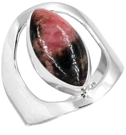 Jeweloporium Rosa Rhodonit Silberring Größe 68 (21,6), 925 Sterling Silber Ring für Damen, Echter Marquise Edelstein Boho Schmuck