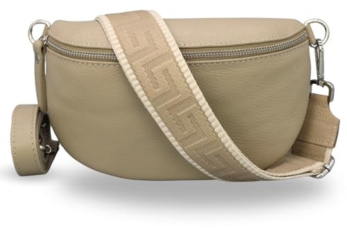 ADEL Bauchtasche Damen Echtleder Emma Silber Handgemachte Umhängetasche Crossbody Bag mit Optionalen Breiten Gemusterten Riemen Stylische Hüfttasche Made in Italy (Taupe-Silber 2, Medium)