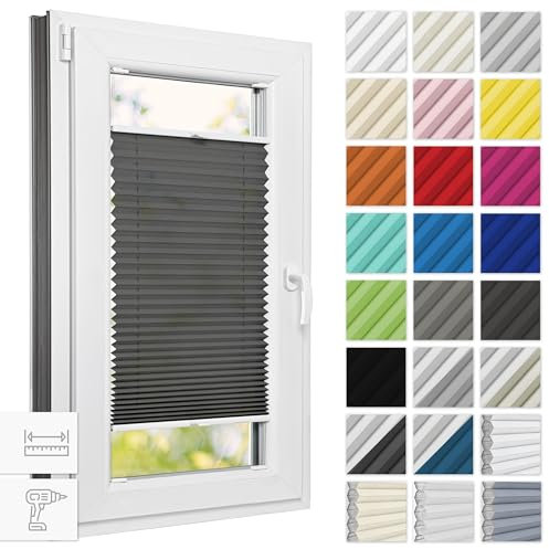 Estika Plissee mit Bohren 60 cm x 200 cm - Anthrazit - Rollos für Fenster, Jalousien Fenster für innen, Raffrollo, Fenster plissee