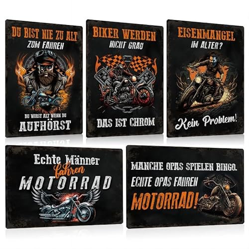 5er Set Retro Blechschilder Motorrad | Biker Metallschild mit Witziger Spruch | Schild Wand | deko Zubehör Geschenkidee für Motorradfahrer Männer Garage und Werkstatt 20x30cm