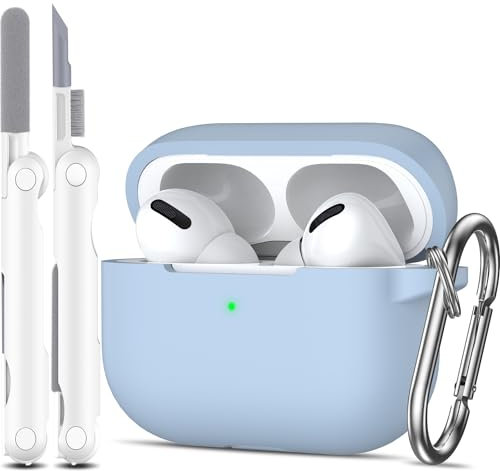 MHYALUDO Kompatibel mit AirPods Pro-Hülle, Anti-Fall-Schutz aus weichem Silikon, stoßdämpfend, kompatibel mit AirPods Pro-Hülle, Skin Touch mit Schlüsselanhänger und Reinigungsset, Himmelblau