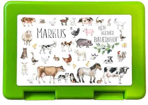 Kilala Personalisierte Kinder-Brotdose „Mein kleiner Bauernhof“ – Robust & Farbenfroh mit Wunschnamen Wimmelbild (grün)