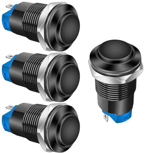 Gebildet 4pezzi 12mm Interruttore a Pulsante a Scatto Cavo con Testa rialzata Lega di Alluminio 1NO 12V 24V 36V 110V 250V Impermeabile IP65 Senza LED (Guscio nero)